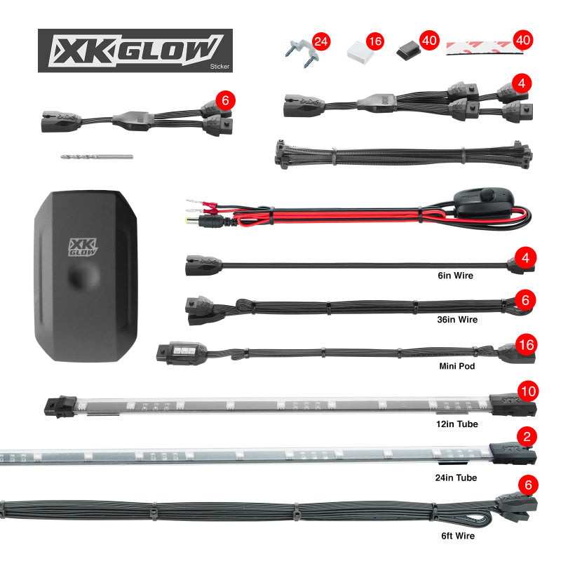 XK Glow Million Color XKCHROME App Controlled Offroad UTV Kit 2x24In Tube + 10x12In Tube + 16xPods-thumbmail-1