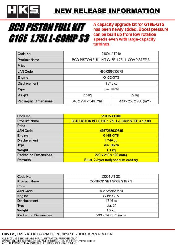 HKS BCD Piston Kit G16E 1.75L L-Comp S3 D88-thumbmail-2