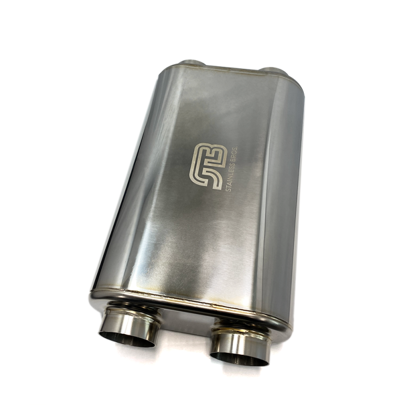 Stainless Bros 17in OAL 2.5in Oval SS304 Polished Finish Muffler - 2.5in Center In/Dual Out-thumbmail-1