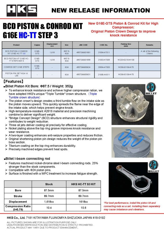 HKS BCD Piston Kit G16E HC-TT STEP3 S3 D87.5-thumbmail-2