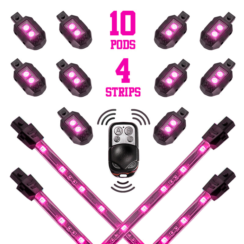 XK Glow Strips Single Color XKGLOW LED Accent Light Motorcycle Kit Pink - 10xPod + 4x8In-thumbmail-1