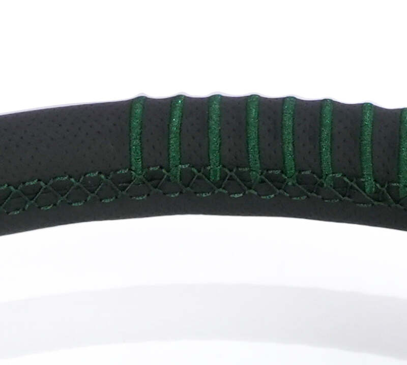 NRG Steering Wheel 1.5in Dish 350mm Black Perforated Leather - Emerald Stitching - Reinforced Spoke-thumbmail-2