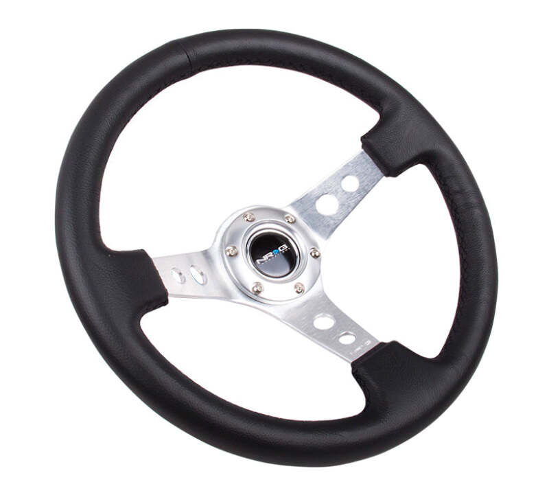 NRG Reinforced Steering Wheel (350mm/3in. Deep) White Leather w/Blk Spoke/Round Holes/White Stripes-thumbmail-2