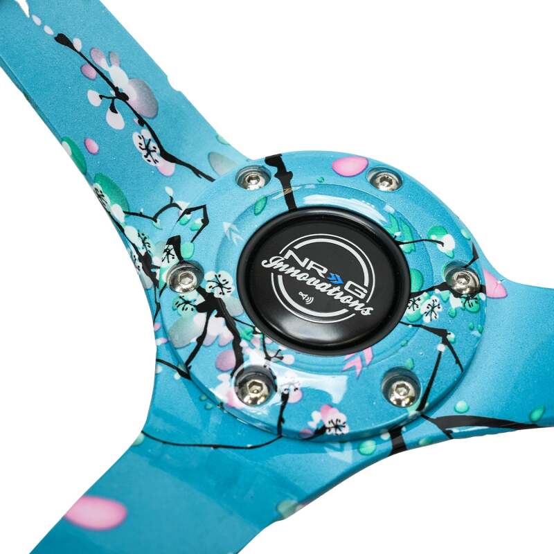 NRG Reinforced Suede Steering Wheel (350mm / 3in. Deep) Hydro Dipped Blossom Floral w/ Teal Stitch-thumbmail-2