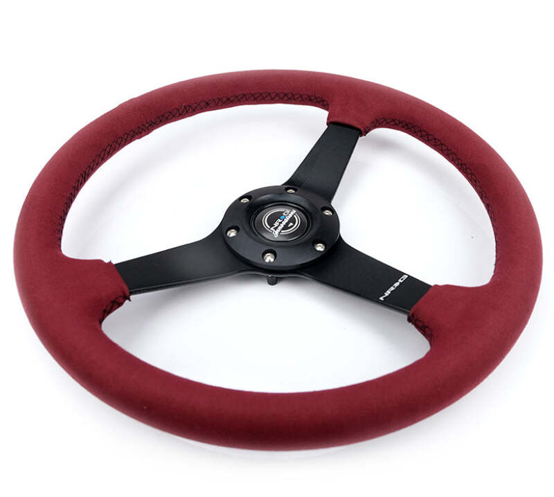 NRG Sport Wheel (350mm) 3 Solid Spokes - 1.5in Deep - Burgundy - Micro Suede - Black Stitching-thumbmail-2