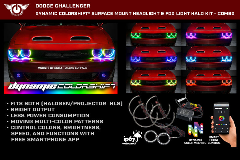 Oracle 15-23 Dodge Challenger Dynamic Surface Mount Headlight/Fog Light Halo Kit COMBO - ColorSHIFT-thumbmail-4