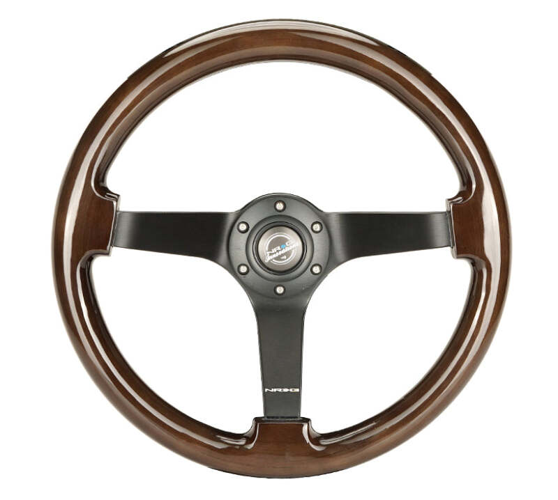 NRG Reinforced Steering Wheel (350mm) Dark Wood Grain - 3in Deep - Black 3-Spoke Center-thumbmail-2