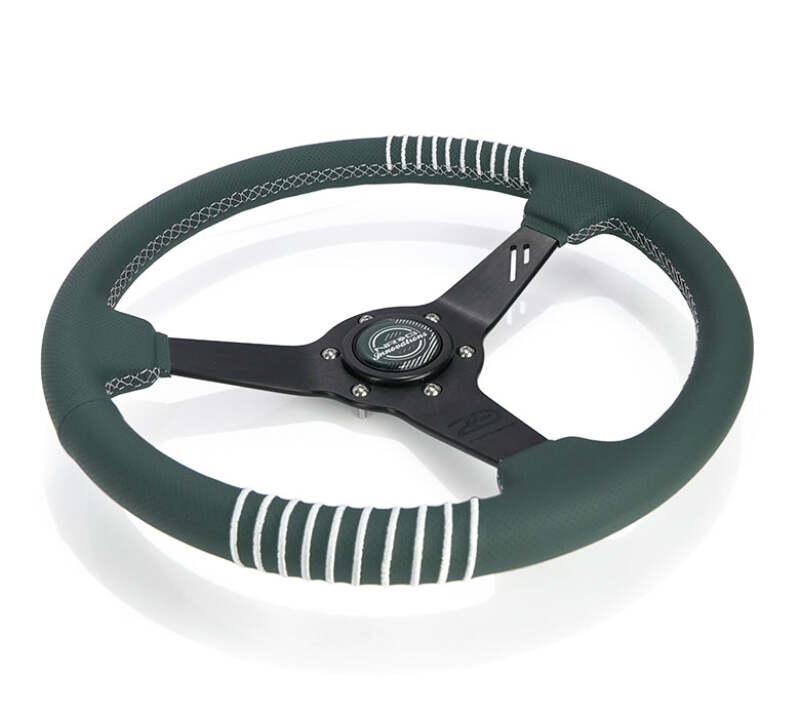 NRG Steering Wheel 1.5in Dish 350mm Black Perforated Leather - Emerald Stitching - Reinforced Spoke-thumbmail-3