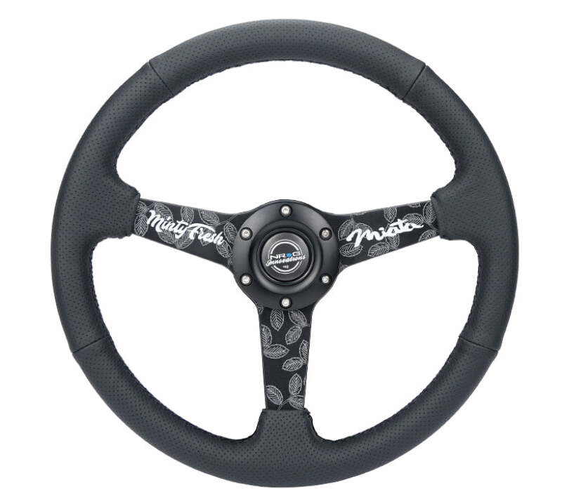 NRG Reinforced Black Perforated Leather Steering Wheel 350mm / 1.5in Deep w/ Goal Digger Blk Stitch