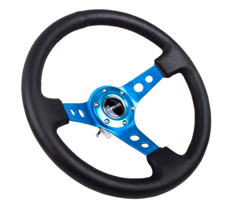 NRG Reinforced Steering Wheel (350mm/3in. Deep) White Leather w/Blk Spoke/Round Holes/White Stripes-thumbmail-1