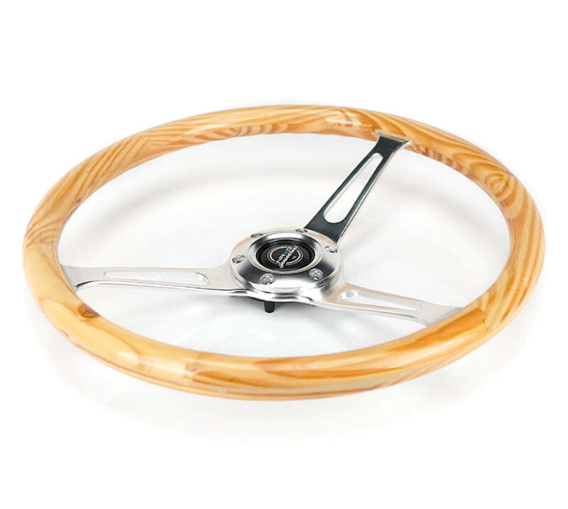 NRG Reinforced Steering Wheel (380mm) Light Wood Grain w/3-Spoke Center Shinny Chrome-thumbmail-2