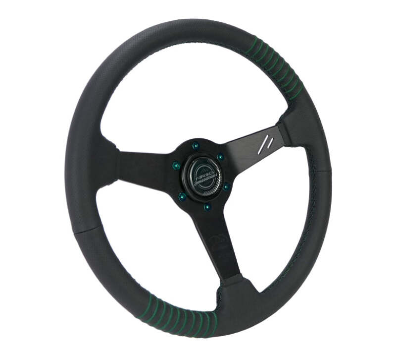 NRG Steering Wheel 1.5in Dish 350mm Black Perforated Leather - Emerald Stitching - Reinforced Spoke-thumbmail-4