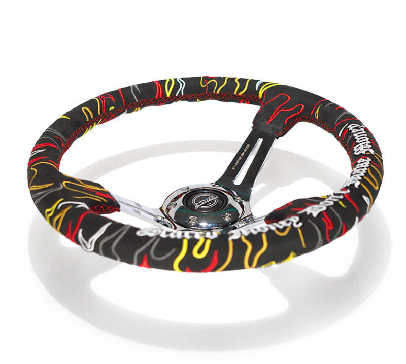 NRG Reinforced Steering Wheel R Litteral Sig 3in Deep/5mm Chrm Spk - Blk Alc w/ Red Stitch-thumbmail-2