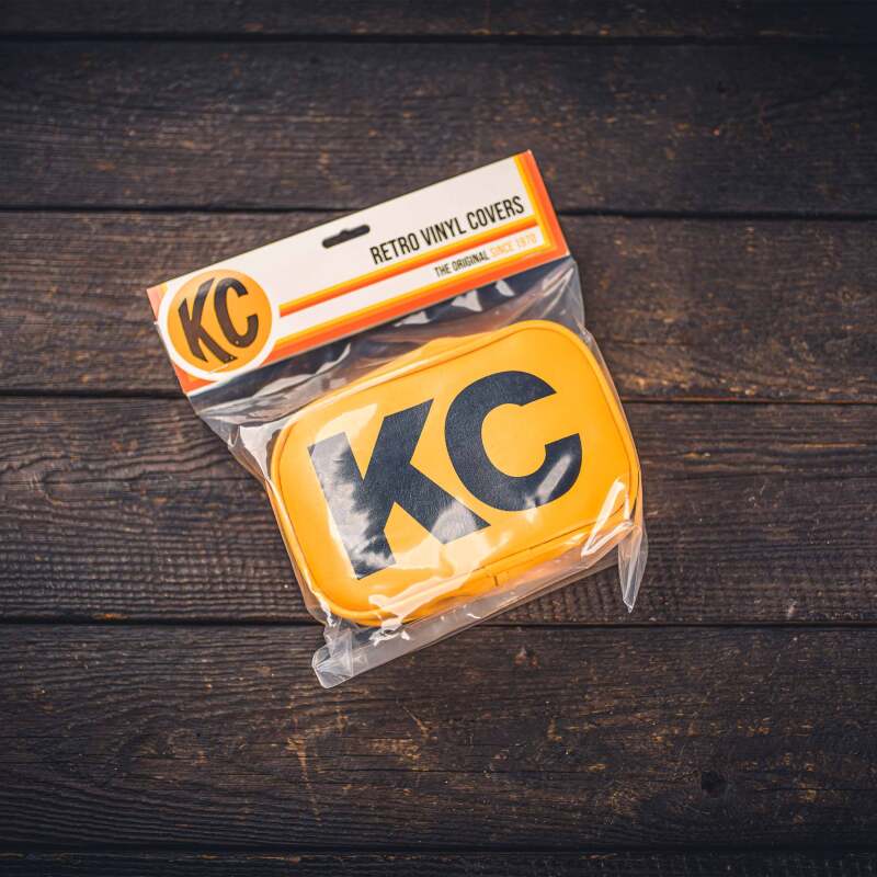 KC HiLiTES Retro 5in x 7in Rectangular Yellow Vinyl Light Cover w/ Black KC Logo (Pair)-thumbmail-1