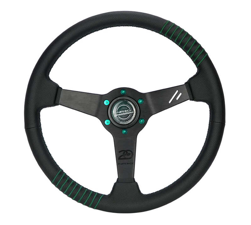 NRG Steering Wheel 1.5in Dish 350mm Black Perforated Leather - Emerald Stitching - Reinforced Spoke-thumbmail-1