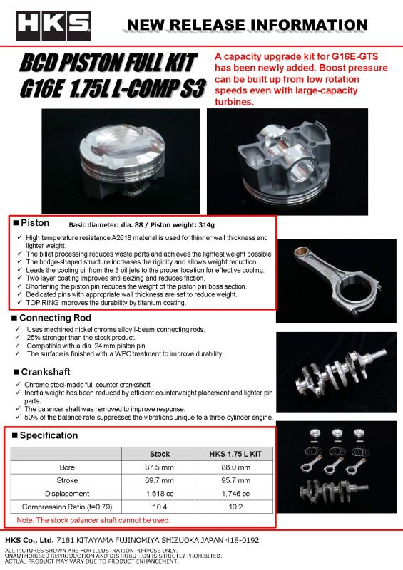 HKS BCD Piston Kit G16E 1.75L L-Comp S3 D88-thumbmail-3
