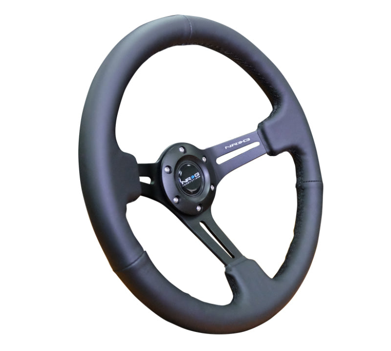NRG Reinforced Steering Wheel (350mm / 3in. Deep) Blk Leather/Red Stitch w/Neochrome Slits