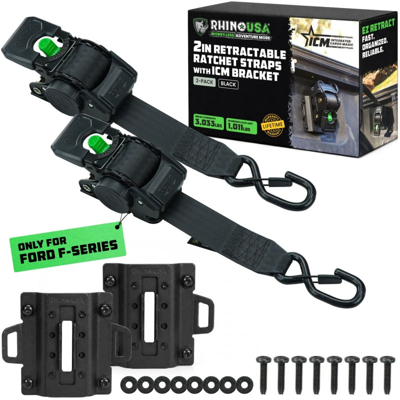 Rhino USA 2in Retractable Ratchet Straps w/Bracket - Black