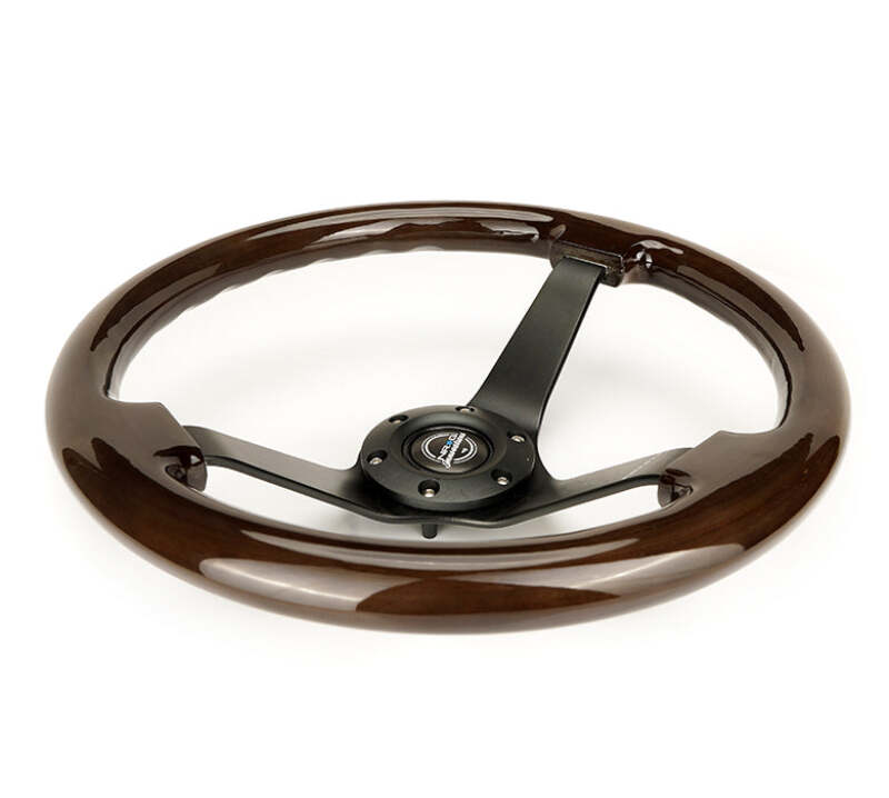 NRG Reinforced Steering Wheel (350mm) Dark Wood Grain - 3in Deep - Black 3-Spoke Center-thumbmail-3