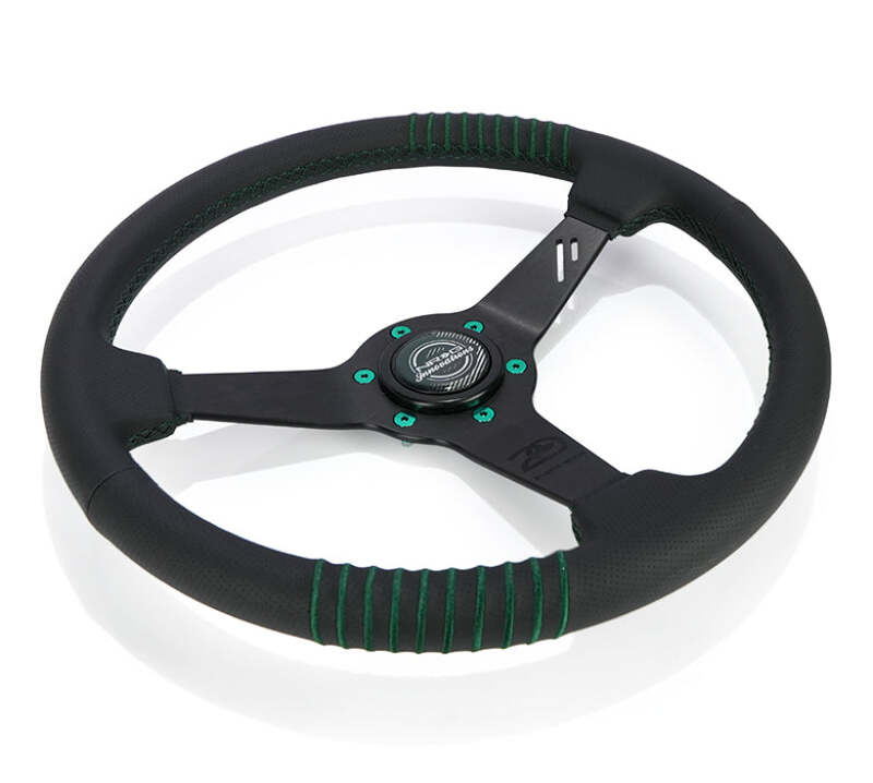 NRG Steering Wheel 1.5in Dish 350mm Black Perforated Leather - Emerald Stitching - Reinforced Spoke-thumbmail-5