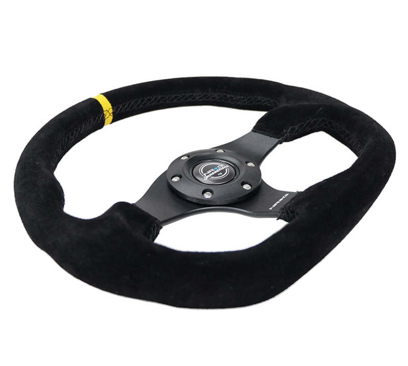 NRG Reinforced Steering Wheel (320mm) Sport Suede Flat Bottom w/ Yellow Center Mark-thumbmail-2