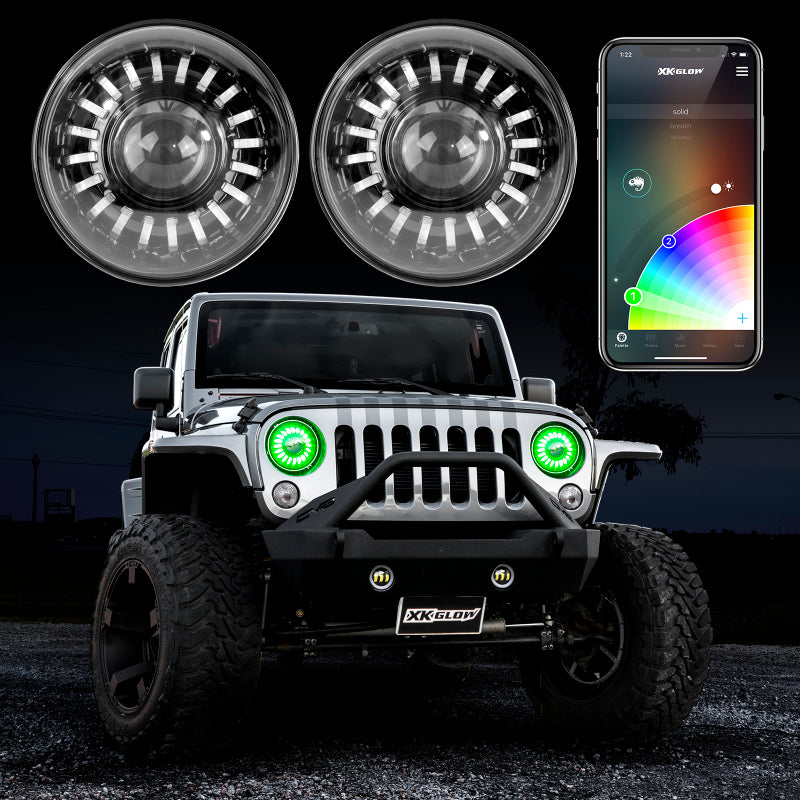 XK Glow 2pc 7in RGB LED Jeep Headlight XKchrome Bluetooth App Controlled Kit-thumbmail-1