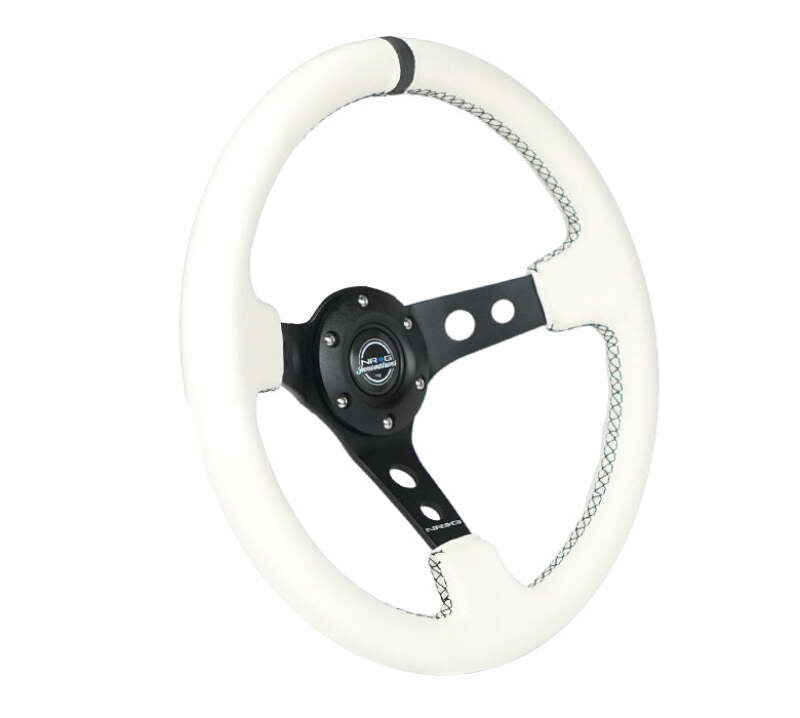 NRG Reinforced Steering Wheel (350mm/3in. Deep) White Leather w/Blk Spoke/Round Holes/White Stripes-thumbmail-4