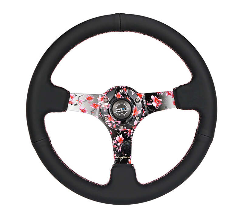 NRG Reinforced Steering Wheel (350mm/3in.) Hydro Dipped Sakura Floral w/ Pink Suede Black Stitch-thumbmail-1