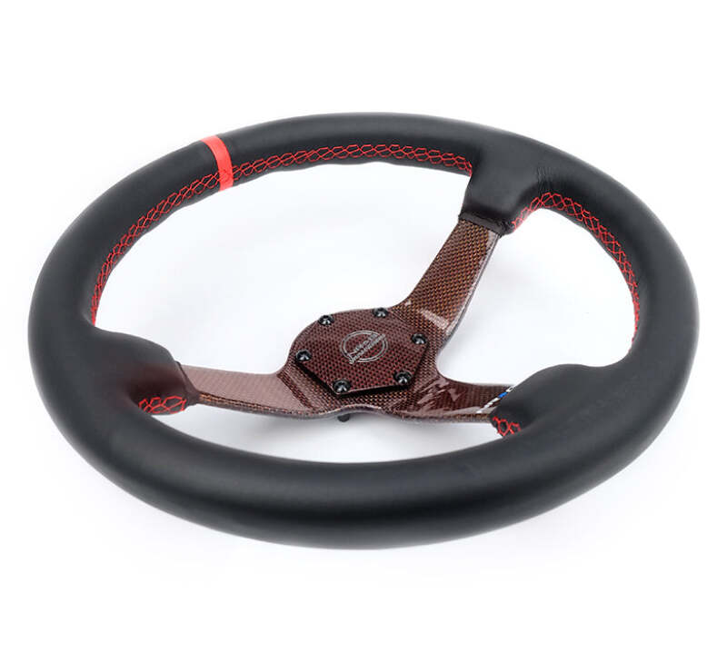 NRG Carbon Fiber Steering Wheel 350mm 3in Deep Red Carbon Fiber Red Stiching Red Center Mark Leather-thumbmail-2