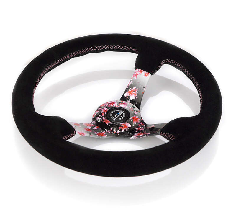 NRG Reinforced Steering Wheel (350mm) 3in Deep Pink Sakura Floral Solid Spoke - Black Suede/Stitch-thumbmail-2