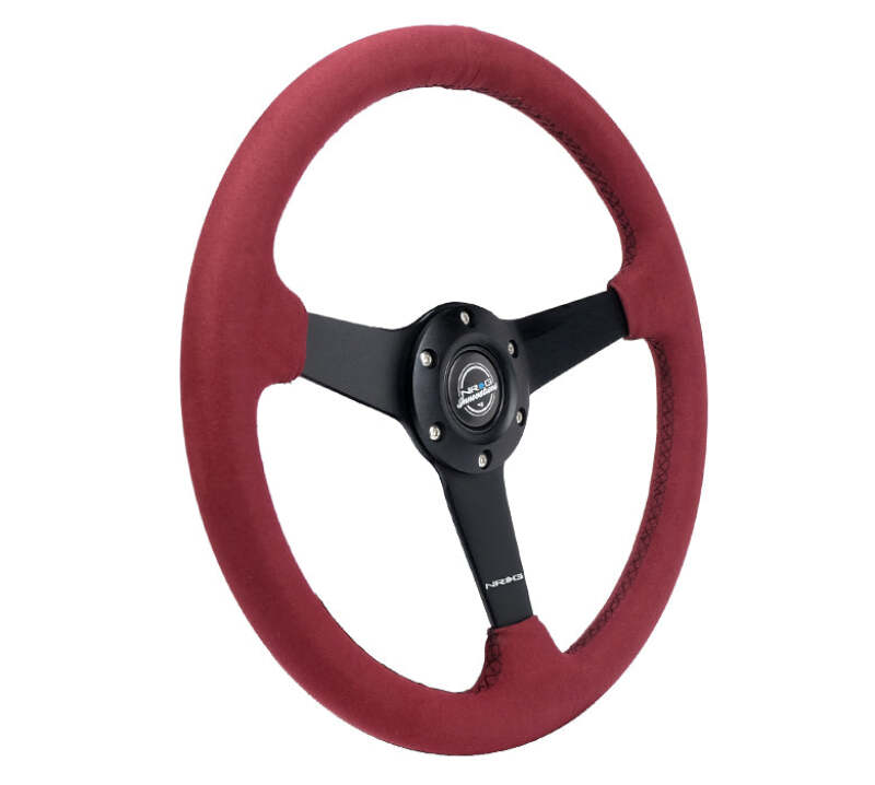 NRG Sport Wheel (350mm) 3 Solid Spokes - 1.5in Deep - Burgundy - Micro Suede - Black Stitching-thumbmail-3