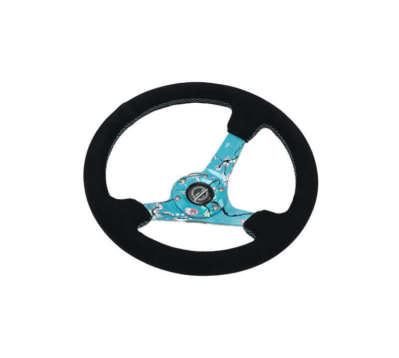 NRG Reinforced Suede Steering Wheel (350mm / 3in. Deep) Hydro Dipped Blossom Floral w/ Teal Stitch-thumbmail-3