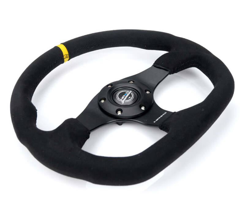 NRG Reinforced Steering Wheel (320mm) Sport Alcantara Flat Bottom w/ Yellow Center Mark-thumbmail-2