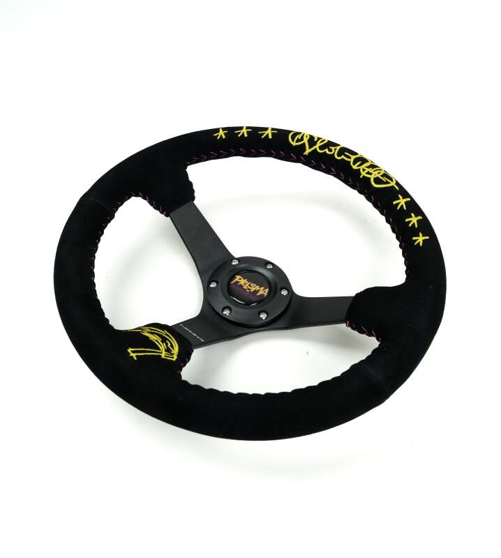 NRG Reinforced Black Perforated Leather Steering Wheel 350mm / 3in Deep w/ NVR Embroidery-thumbmail-2