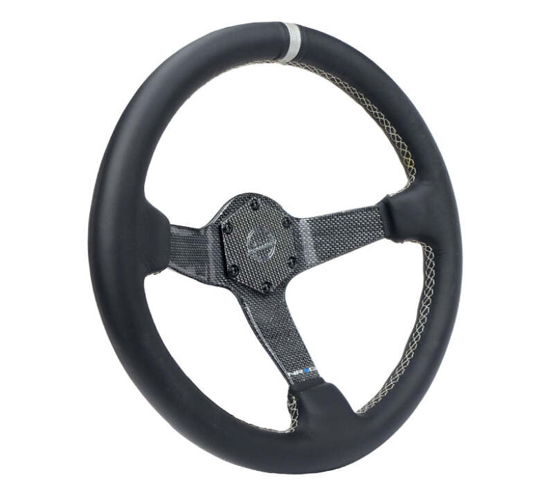 NRG Carbon Fiber Steering Wheel (350mm) Silver Carbon Fiber Center - Silver Stitching & Center Mark-thumbmail-2