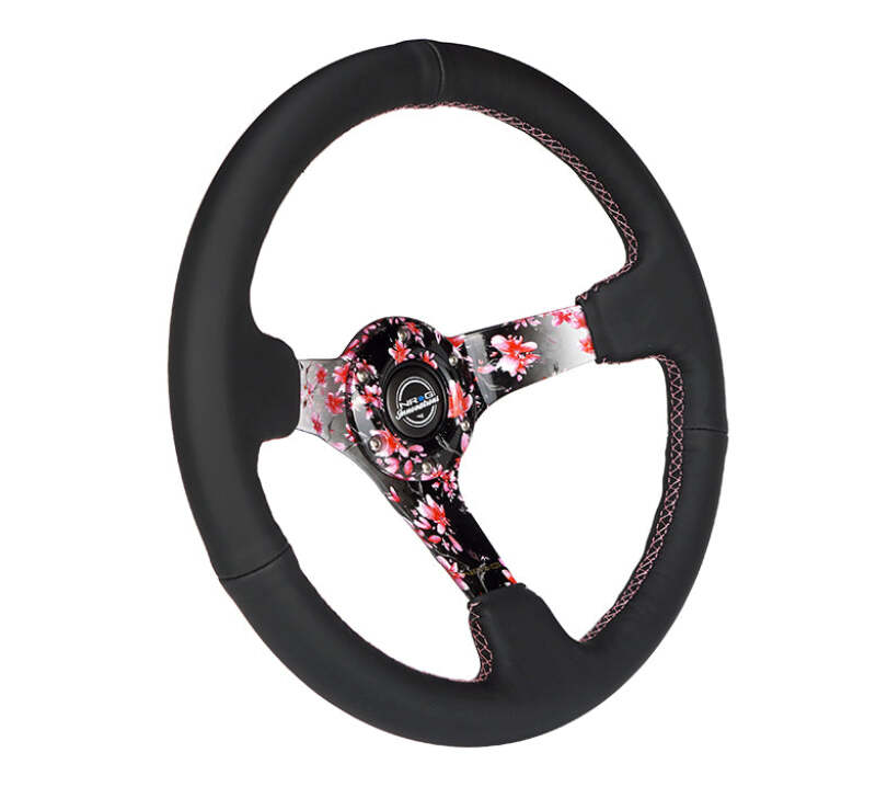 NRG Reinforced Steering Wheel (350mm/3in.) Hydro Dipped Sakura Floral w/ Pink Suede Black Stitch-thumbmail-2
