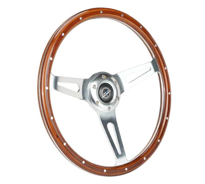 NRG Reinforced Steering Wheel (360mm) Dark Wood Grain w/Chrome 3-Spoke Center-thumbmail-2