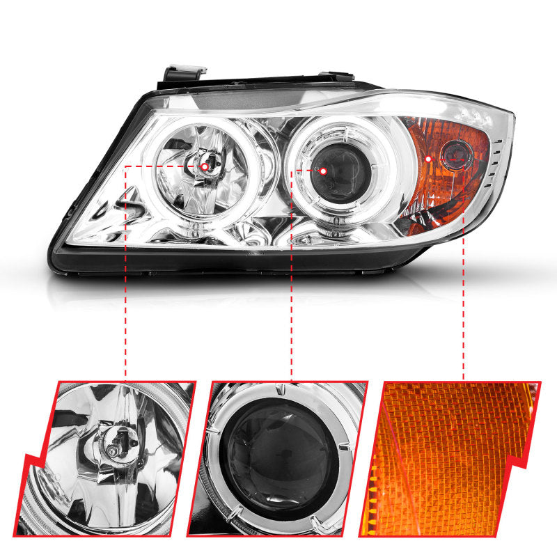 ANZO 2006-2008 BMW 3 Series E90-E91 Projector Headlights w/ Halo w/ LED Bar Chrome (CCFL)-thumbmail-12