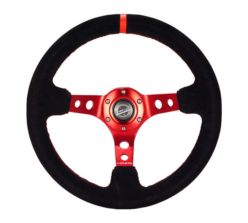 NRG Reinforced Steering Wheel (350mm / 3in. Deep) Blk Leather/Red Stitch w/Red Spoke-thumbmail-1
