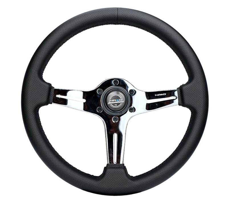 NRG Light Weight Gaming Steering Wheel - 350mm 3 Chrome Silver Spokes Perforated Leather-thumbmail-1