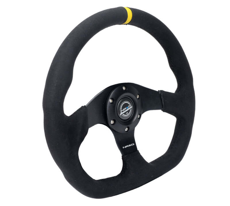 NRG Reinforced Steering Wheel (320mm) Sport Alcantara Flat Bottom w/ Yellow Center Mark-thumbmail-3