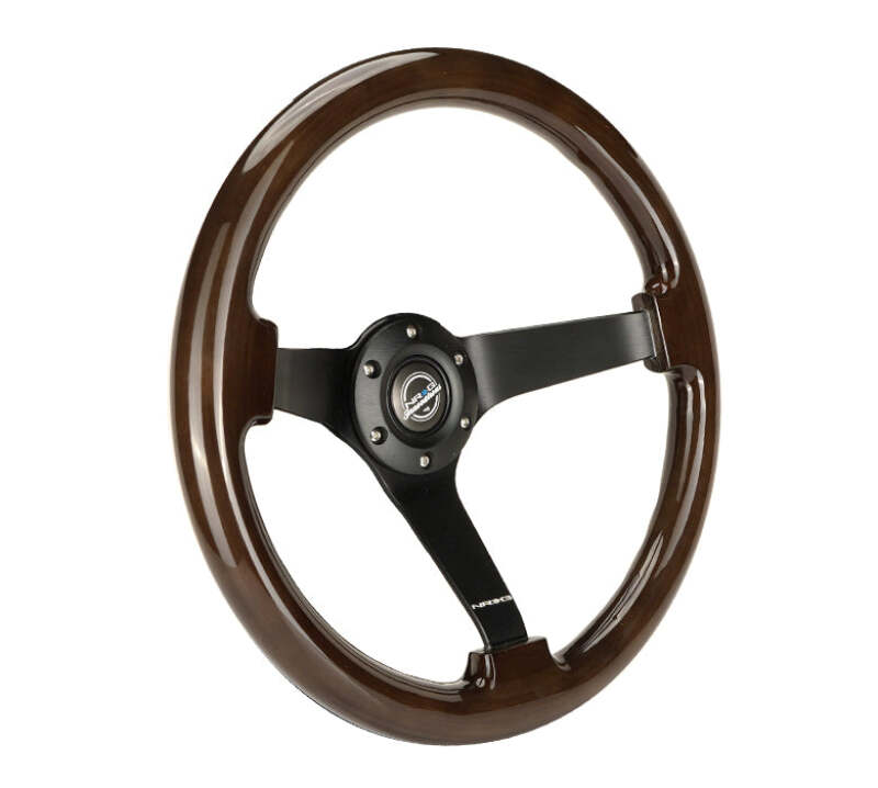 NRG Reinforced Steering Wheel (350mm) Dark Wood Grain - 3in Deep - Black 3-Spoke Center-thumbmail-4