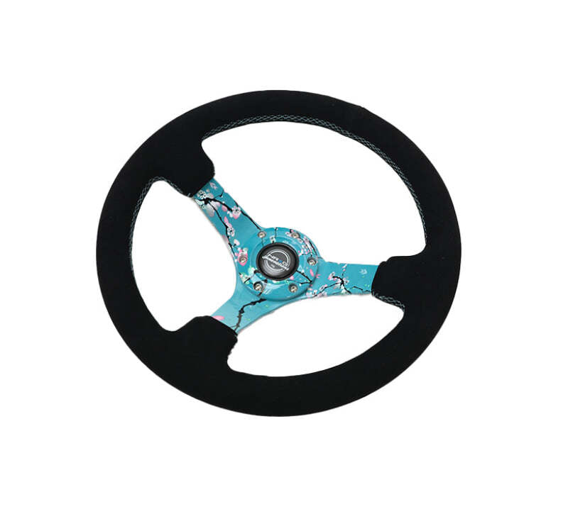 NRG Reinforced Suede Steering Wheel (350mm / 3in. Deep) Hydro Dipped Blossom Floral w/ Teal Stitch-thumbmail-4
