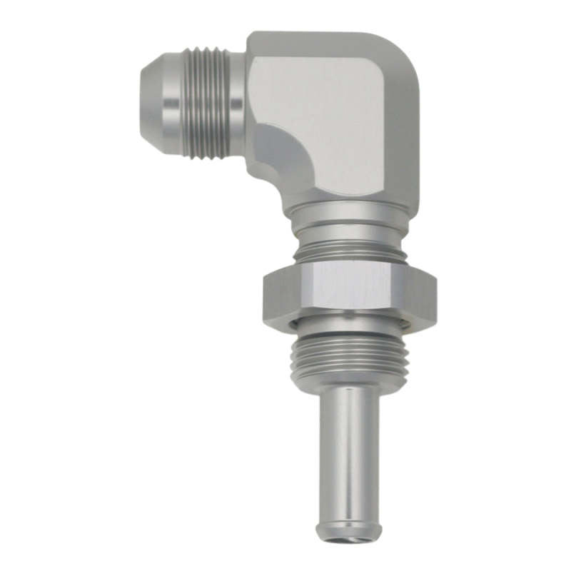 DeatschWerks 8AN Male Flare to 90-Degree 3/8in Single Hose Barb - Anodized DW Titanium-thumbmail-1