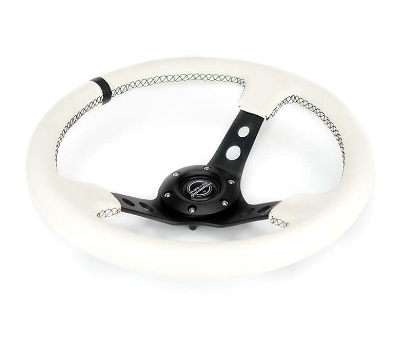 NRG Reinforced Steering Wheel (350mm/3in. Deep) White Leather w/Blk Spoke/Round Holes/White Stripes-thumbmail-6