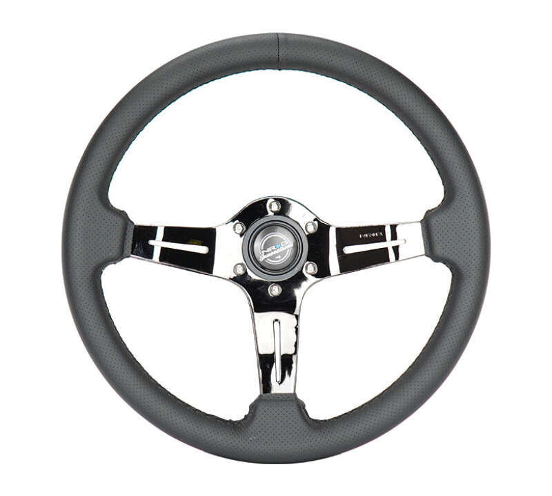 NRG Light Weight Gaming Steering Wheel - 350mm 3 Black Chrome Spokes Perforated Leather-thumbmail-1
