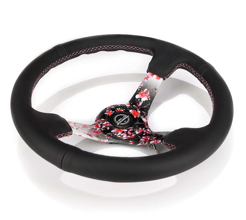 NRG Reinforced Steering Wheel (350mm/3in.) Hydro Dipped Sakura Floral w/ Pink Suede Black Stitch-thumbmail-3