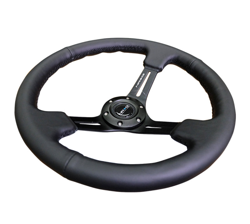 NRG Reinforced Steering Wheel (350mm / 3in. Deep) Blk Leather/Red Stitch w/Neochrome Slits-thumbmail-2