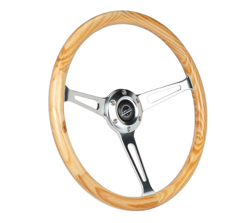 NRG Reinforced Steering Wheel (380mm) Light Wood Grain w/3-Spoke Center Shinny Chrome-thumbmail-3