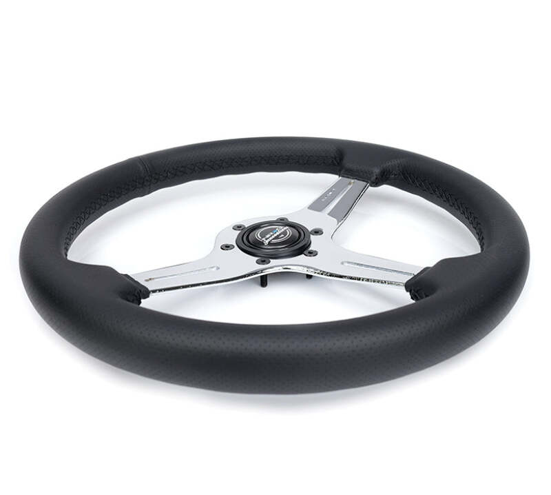 NRG Light Weight Gaming Steering Wheel - 350mm 3 Chrome Silver Spokes Perforated Leather-thumbmail-2